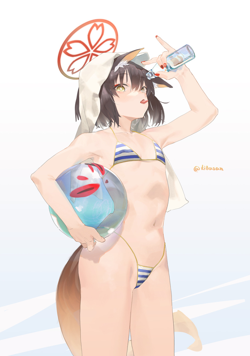 1girl animal_ear_fluff animal_ears armpits arms_up ball bangs beachball bikini blue_archive brown_hair eyeshadow fingernails flat_chest fox_ears fox_girl fox_tail hair_between_eyes halo highleg highleg_swimsuit highres holding holding_ball holding_beachball izuna_(blue_archive) izuna_(swimsuit)_(blue_archive) kitasan looking_at_viewer makeup nail_polish navel ramune red_eyeshadow red_nails short_hair solo striped striped_bikini striped_swimsuit swimsuit tail tongue tongue_out yellow_eyes