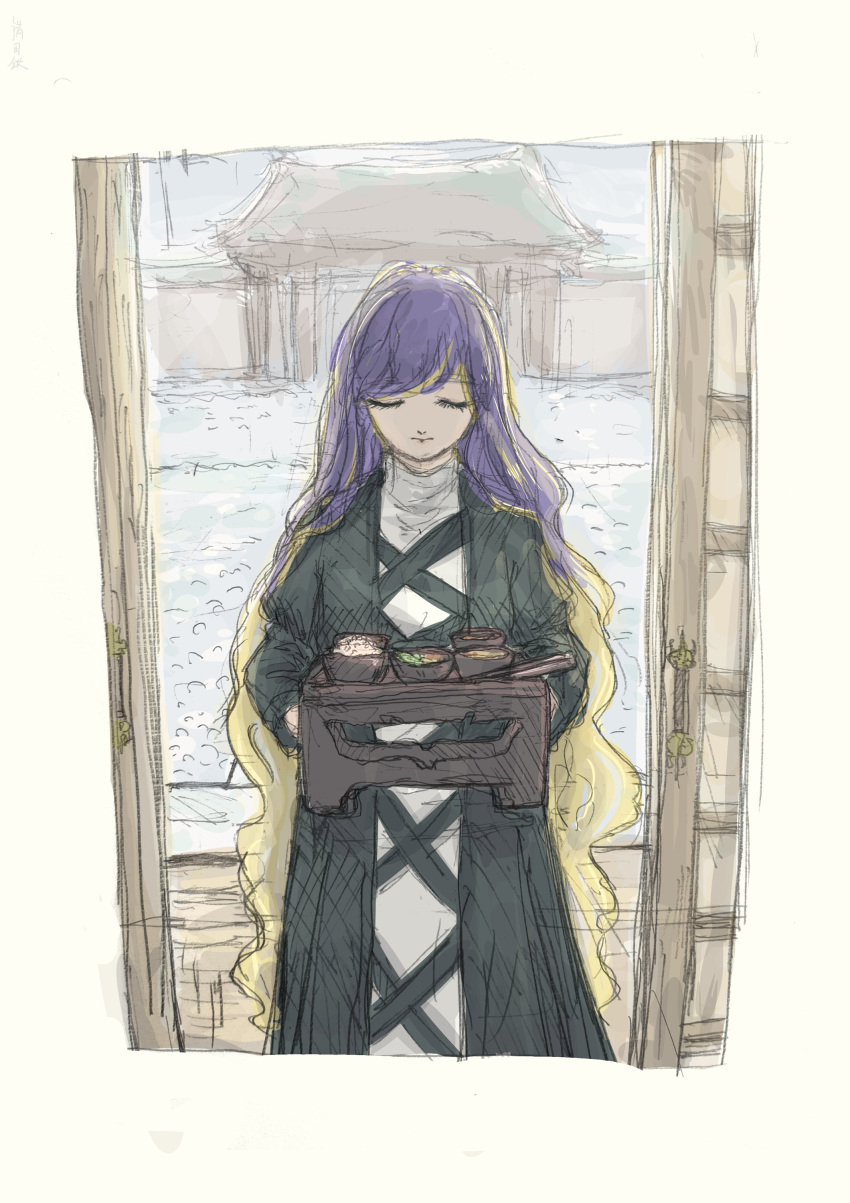 absurdres brown_hair closed_eyes closed_mouth cross-laced_clothes dishes dress food gradient_hair highres hijiri_byakuren holding holding_tray layered_dress long_hair multicolored_hair puffy_sleeves purple_hair sketch suintuo5g touhou tray two-tone_hair wavy_hair white_dress