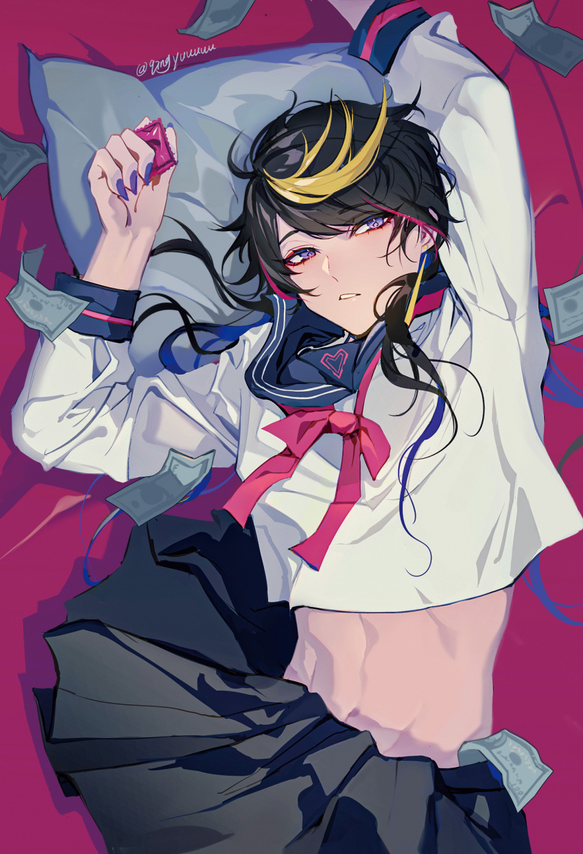 1boy androgynous black_hair black_skirt blonde_hair blouse condom condom_wrapper crossdressing highres holding holding_condom implied_yaoi looking_at_viewer lying male_focus male_prostitution medium_hair midriff money money_tuck multicolored_hair nail_polish nijisanji nijisanji_en on_back on_bed pillow pleated_skirt purple_eyes purple_hair purple_nails qingyu sailor_collar school_uniform serafuku shirt shu_yamino skirt solo twitter_username virtual_youtuber white_shirt