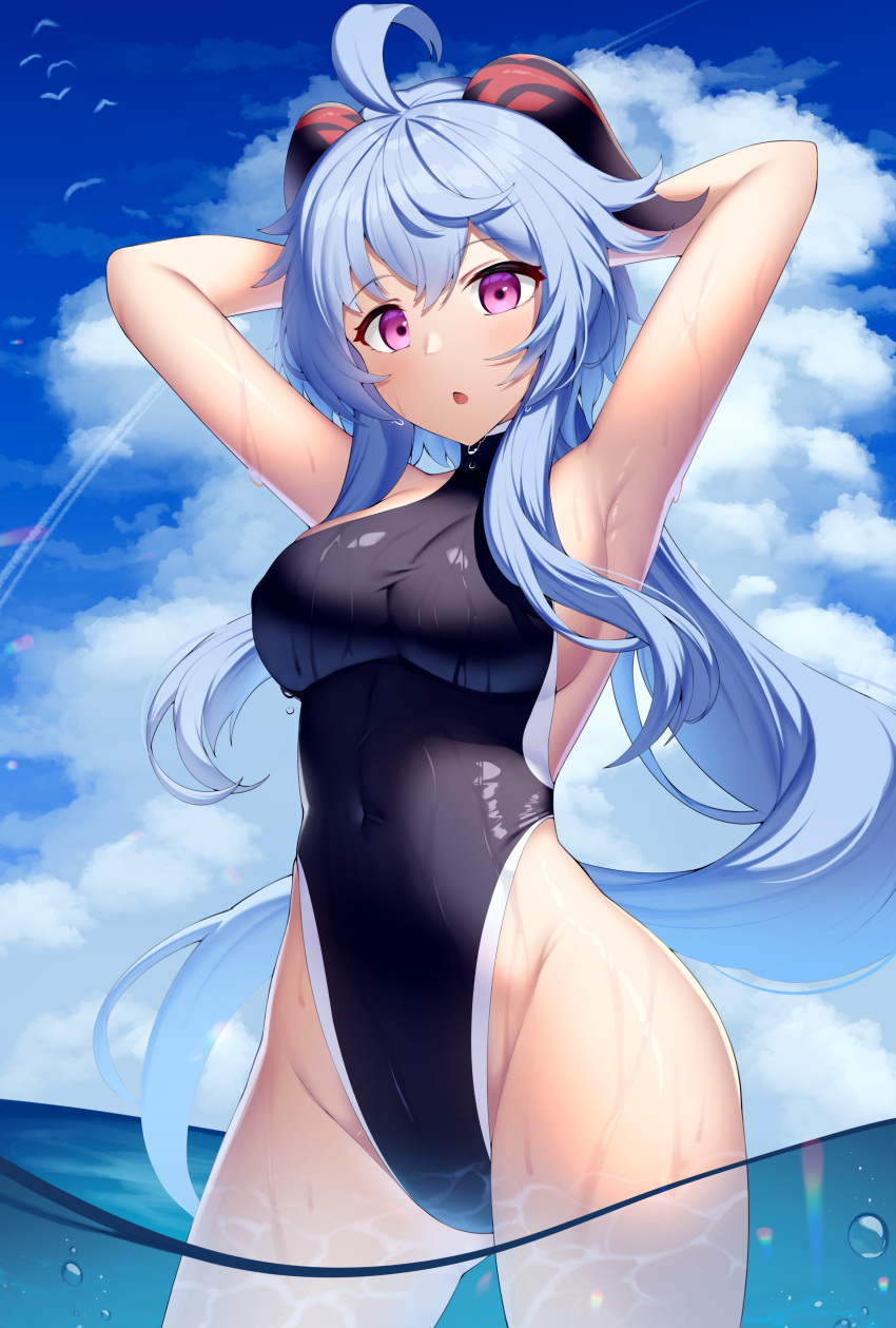 1girl absurdres ahoge air_bubble armpits arms_up bangs bare_arms black_swimsuit blue_hair blue_sky bluerabbit_gap breasts bubble cloud commentary covered_navel cowboy_shot day ganyu_(genshin_impact) genshin_impact groin highres horns large_breasts long_hair looking_at_viewer one-piece_swimsuit parted_lips purple_eyes sky solo standing swimsuit thighs very_long_hair wading water