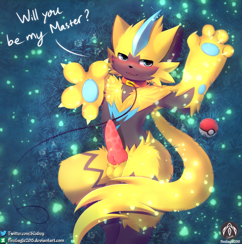 absurd_res anthro balls blush claws collar dialogue genitals grass hi_res leash legendary_pok&eacute;mon lying male nintendo particle_effects paws penis plant pok&eacute;ball pok&eacute;mon pok&eacute;mon_(species) reaching_towards_viewer senz smile solo text video_games zeraora