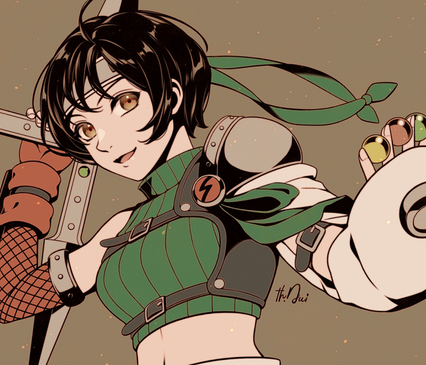 1girl arm_strap armor black_hair breasts brown_background brown_eyes chest_strap crop_top final_fantasy final_fantasy_vii fingerless_gloves fishnet_armwear gloves green_shirt hair_between_eyes headband holding holding_shuriken imonosato looking_at_viewer materia medium_breasts midriff ninja_(final_fantasy) open_mouth orange_gloves outstretched_arm shirt short_hair shorts shoulder_armor shuriken signature single_sleeve sleeveless sleeveless_turtleneck smile solo turtleneck upper_body weapon yellow_shorts yuffie_kisaragi