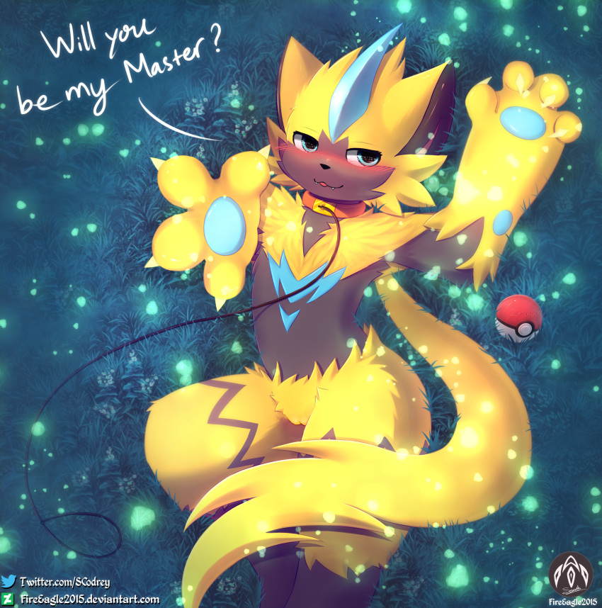 absurd_res anthro blush claws collar dialogue female genitals grass hi_res leash legendary_pok&eacute;mon lying nintendo particle_effects paws plant pok&eacute;ball pok&eacute;mon pok&eacute;mon_(species) pussy reaching_towards_viewer senz smile solo text video_games zeraora