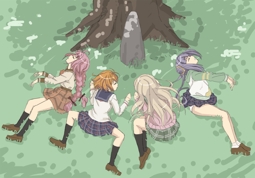 4girls ahoge aonami_school_uniform bangs belt black_socks blonde_hair blue_skirt blunt_bangs bow bowtie braid brown_belt brown_bow brown_footwear closed_eyes closed_mouth double_bun full_body grass green_background green_hood green_skirt green_sleeves hair_bow hair_bun himuro_rabi hood hoodie iwakiriyama_high_school_uniform kneehighs kurusu_alexandra legs_together loafers long_hair long_sleeves low-tied_long_hair lying magia_record:_mahou_shoujo_madoka_magica_gaiden mahou_shoujo_madoka_magica miniskirt miura_asahi multiple_girls on_grass on_side on_stomach orange_bow orange_bowtie orange_hair orange_skirt outstretched_arms panties parted_lips pink_hair pink_sweater plaid plaid_skirt pocket purple_hair rock school_uniform serafuku shirt shoes short_hair sidelocks skirt socks spread_arms spread_legs sweater twin_braids twintails underwear very_long_hair w_arms white_hoodie white_panties white_shirt white_socks wing_collar yellow_shirt you2 yukuni_academy_school_uniform yume_urara yunohana_international_school_uniform