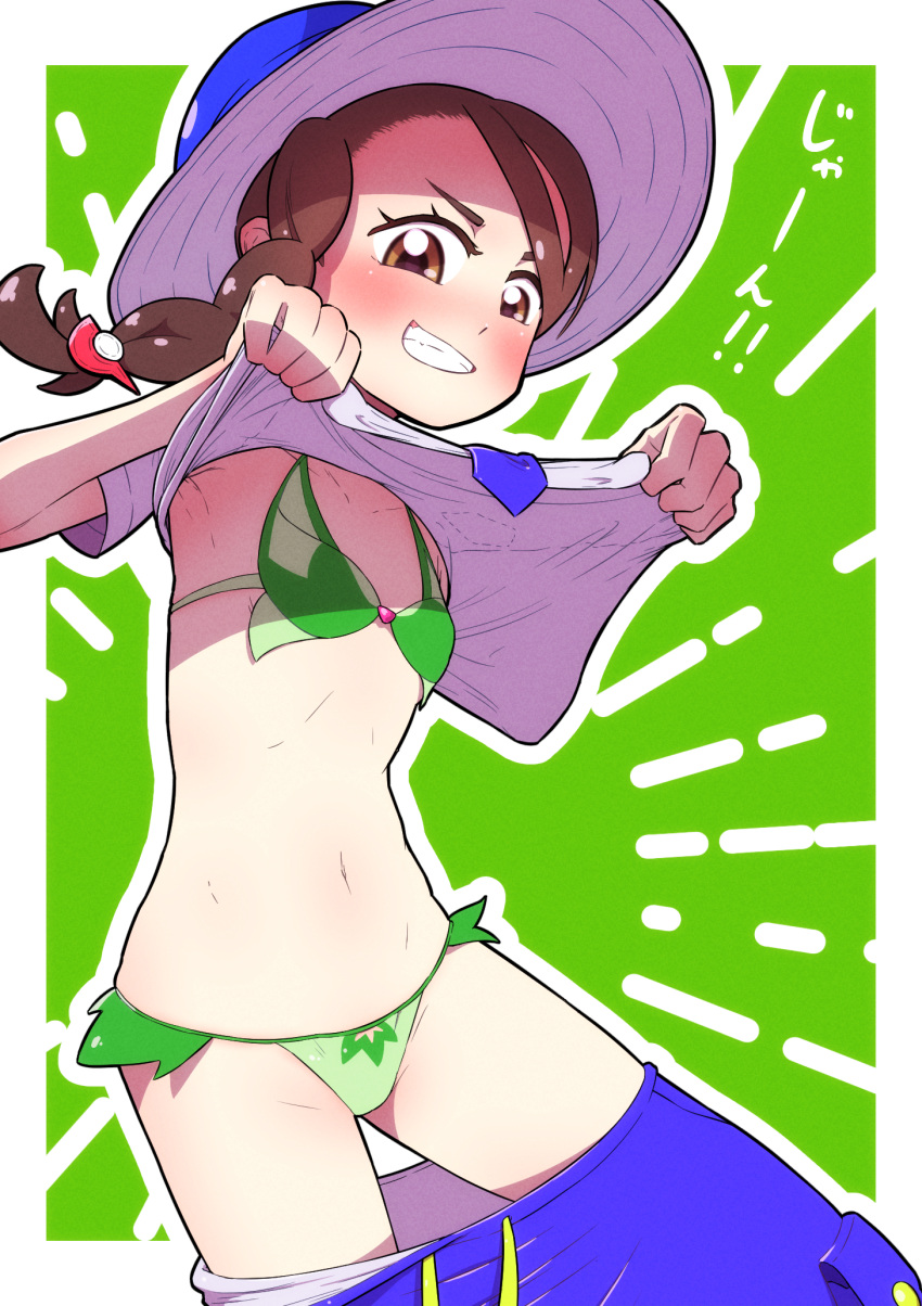 1girl armpits asymmetrical_hair bangs bikini blue_headwear blue_necktie blue_shorts blush border braid breasts brown_eyes brown_hair clothes_lift clothes_pull clothing_cutout collarbone commentary_request cowboy_shot drawstring emphasis_lines female_protagonist_(pokemon_sv) fumirumochigashin green_background green_bikini grin hair_ornament hairclip hands_up happy hat highres lifted_by_self looking_at_viewer navel necktie outline outside_border pocket pokemon pokemon_(game) pokemon_sv shiny shiny_hair shirt shirt_lift short_sleeves shorts shorts_pull side_braid simple_background single_braid small_breasts smile solo sprigatito standing stomach sun_hat swept_bangs swimsuit swimsuit_under_clothes talking teeth translation_request v-shaped_eyebrows white_border white_outline white_shirt