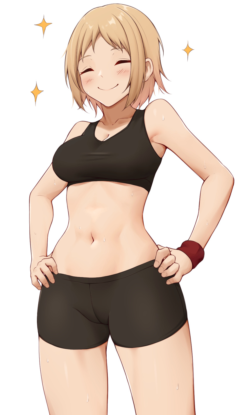1girl act_(xadachit) alternate_costume bike_shorts blonde_hair blush breasts commission girls'_frontline hands_on_hips happy highres midriff mp40_(girls'_frontline) navel non-web_source playing_sports short_hair simple_background smile solo sparkle sports_bra sweat sweatband toned