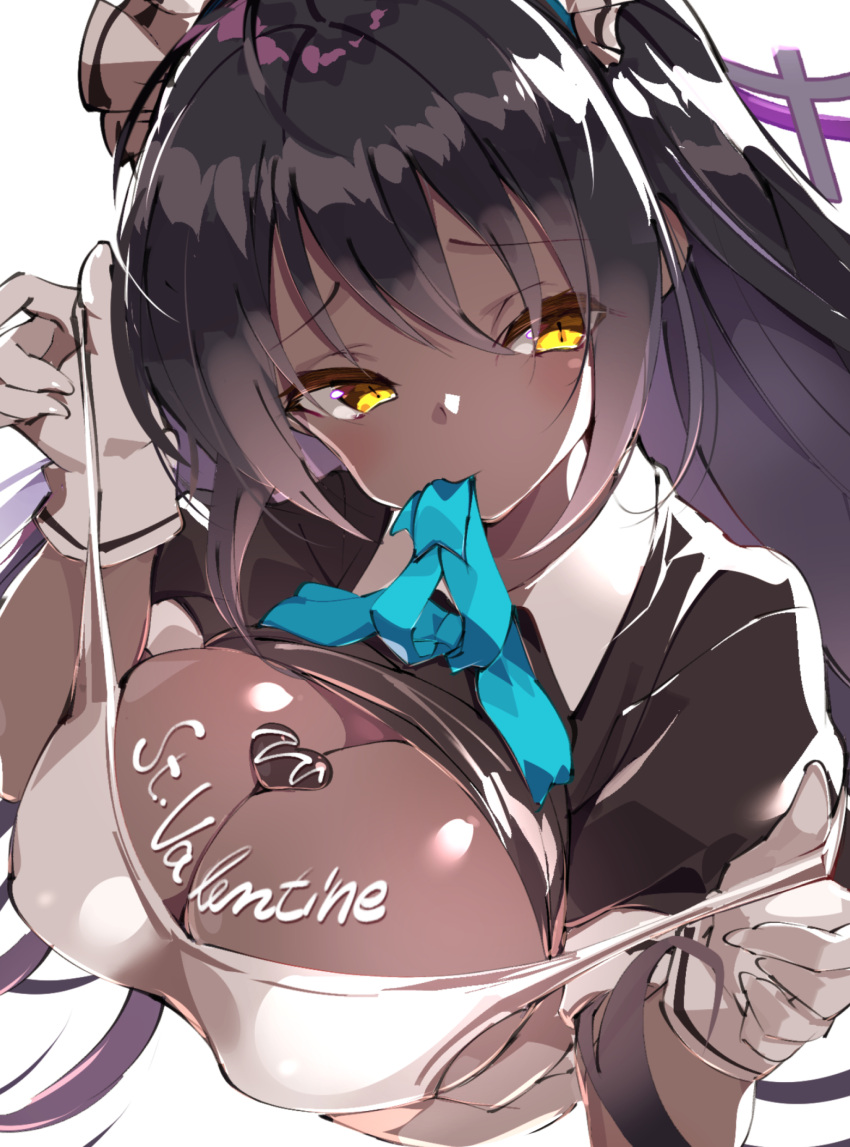 1girl black_hair blue_archive blush breasts brown_eyes candy chocolate chocolate_on_body chocolate_on_breasts cleavage commentary_request cropped_torso dark-skinned_female dark_skin food food_on_body food_on_breasts fujishima-sei_ichi-gou gloves heart heart-shaped_chocolate highres karin_(blue_archive) large_breasts long_hair looking_at_viewer maid maid_headdress mouth_hold simple_background solo valentine white_background white_gloves