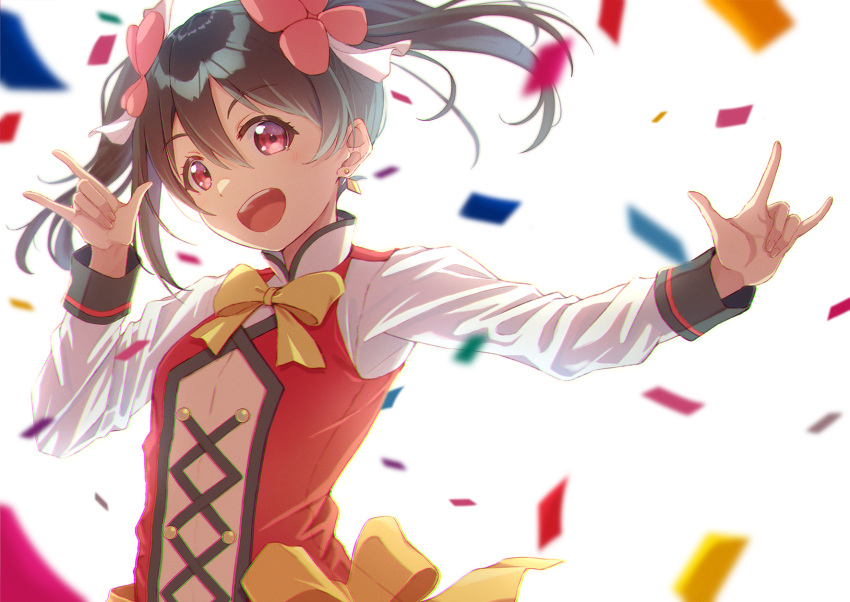 1girl backlighting black_hair bow collared_shirt confetti earrings flower hair_flower hair_ornament happy_birthday highres jewelry looking_at_viewer love_live! macken open_mouth red_eyes shirt simple_background smile solo sunny_day_song white_background yazawa_nico