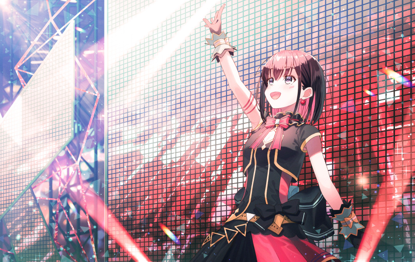 1girl :d absurdres arm_up azki_(hololive) black_hair bow colored_inner_hair dress facial_mark gloves highres hololive hololive_idol_uniform idol koh_rd multicolored_hair open_mouth pink_hair purple_eyes short_hair smile solo virtual_youtuber wrist_cuffs