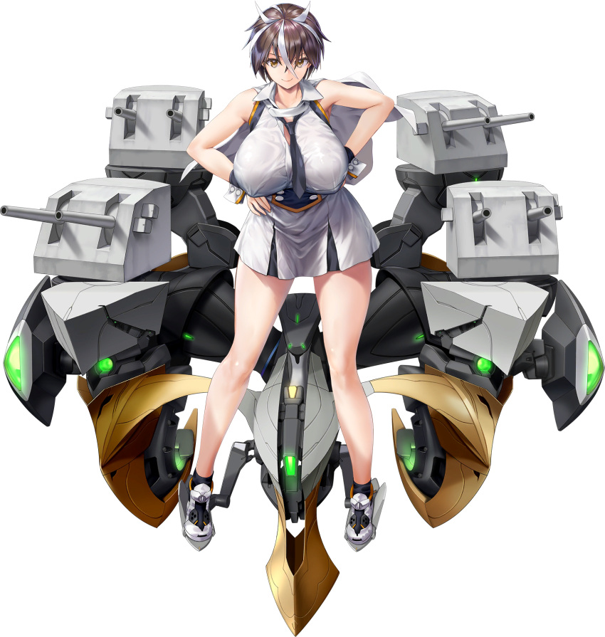 1girl armpits between_breasts black_necktie breasts brown_hair cannon cape closed_mouth detached_sleeves dress full_body galatea_(last_origin) hands_on_hips highres huge_breasts kuuro_kuro large_breasts last_origin looking_at_viewer military military_uniform multicolored_hair naval_uniform necktie necktie_between_breasts official_art short_dress short_hair smile solo standing streaked_hair tachi-e transparent_background turret two-tone_hair uniform weapon white_cape yellow_eyes