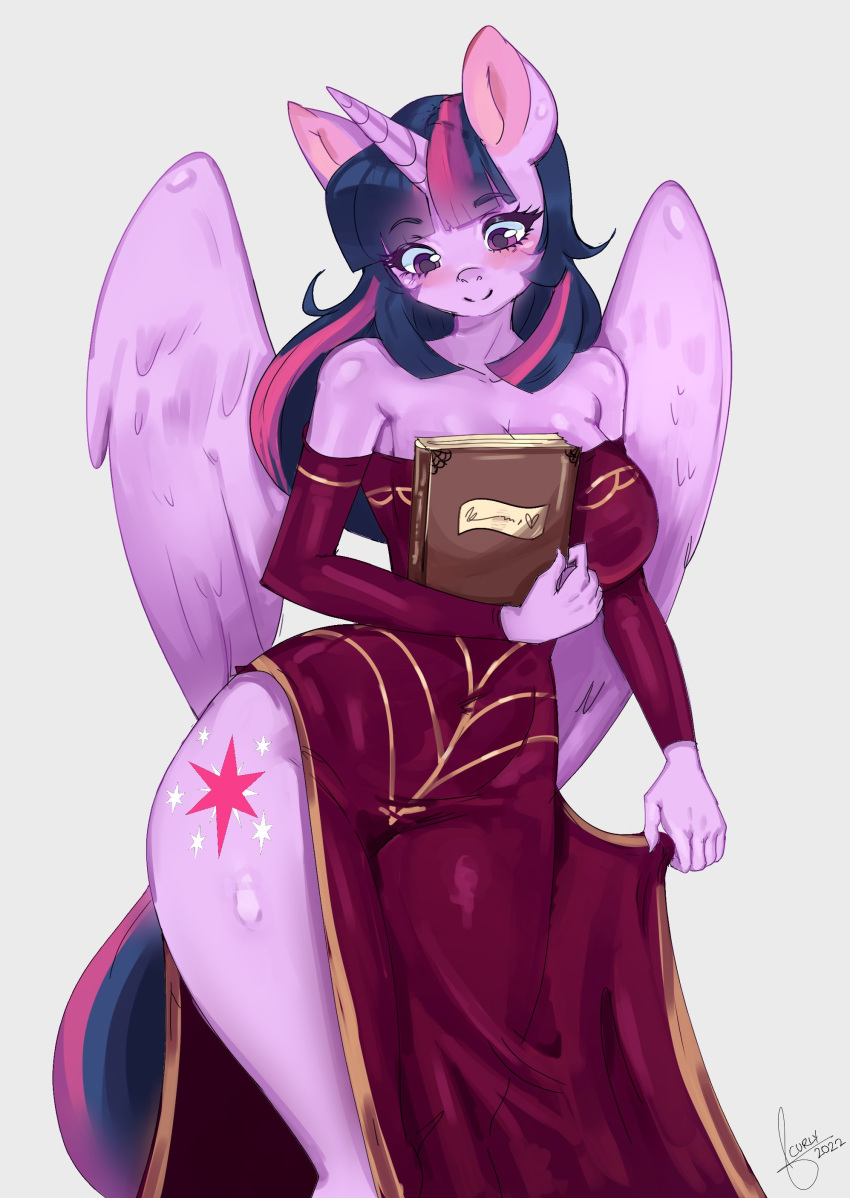 absurd_res anthro anthrofied blush book breasts cleavage clothed clothing dress equid equine female friendship_is_magic hi_res horn mammal mrscurlystyles my_little_pony solo twilight_sparkle_(mlp) winged_unicorn wings