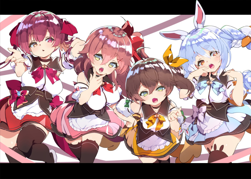 4girls ahoge alternate_costume animal_ear_fluff animal_ear_legwear animal_ears blue_hair braid breasts brown_hair bunny_ear_legwear candy carrot carrot_hair_ornament cat_ear_legwear commentary_request food food-themed_hair_ornament fujishima-sei_ichi-gou green_eyes hair_ornament heart heterochromia highres hololive hololive_idol_uniform houshou_marine idol_clothes looking_at_viewer medium_breasts multiple_girls natsuiro_matsuri nonstop_story orange_eyes pink_hair rabbit_ears rabbit_girl red_eyes sakura_miko short_eyebrows small_breasts thick_eyebrows thighhighs usada_pekora virtual_youtuber x_hair_ornament yellow_eyes