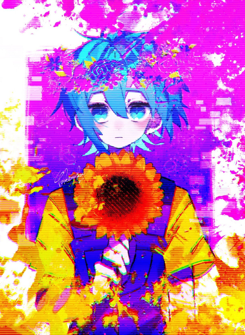 1boy basil_(omori) chromatic_aberration closed_mouth expressionless flower green_eyes green_hair head_wreath highres holding holding_flower looking_at_viewer omori overall_shorts overalls scanlines shirt short_sleeves solo sunflower takenaka_(takenaka1111) yellow_shirt