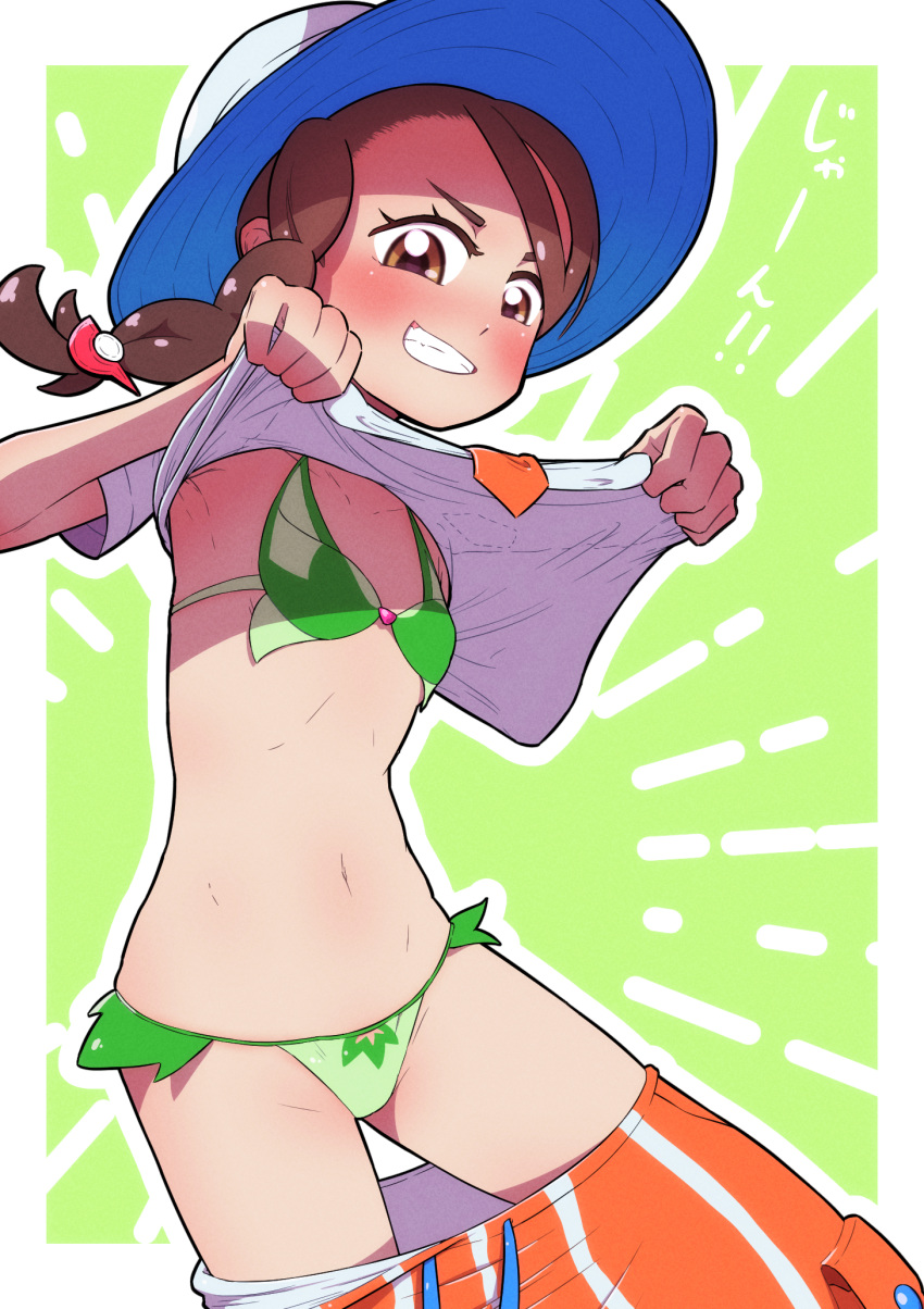 1girl armpits asymmetrical_hair bangs bikini blue_headwear blush border braid breasts brown_eyes brown_hair clothes_lift clothes_pull clothing_cutout collarbone commentary_request cowboy_shot drawstring emphasis_lines female_protagonist_(pokemon_sv) fumirumochigashin green_background green_bikini grin hair_ornament hairclip hands_up happy hat highres lifted_by_self looking_at_viewer navel necktie orange_necktie orange_shorts outline outside_border pocket pokemon pokemon_(game) pokemon_sv shiny shiny_hair shirt shirt_lift short_sleeves shorts shorts_pull side_braid simple_background single_braid small_breasts smile solo sprigatito standing stomach sun_hat swept_bangs swimsuit swimsuit_under_clothes talking teeth translation_request v-shaped_eyebrows white_border white_outline white_shirt