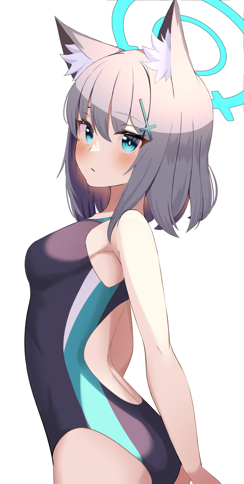 1girl absurdres animal_ear_fluff animal_ears bangs black_swimsuit blue_archive blue_eyes breasts competition_swimsuit covered_navel cowboy_shot cross_hair_ornament extra_ears grey_hair hair_ornament halo highres low_ponytail medium_breasts medium_hair mismatched_pupils multicolored_clothes multicolored_swimsuit one-piece_swimsuit rindou_ringdong shiroko_(blue_archive) shiroko_(swimsuit)_(blue_archive) simple_background solo swimsuit white_background