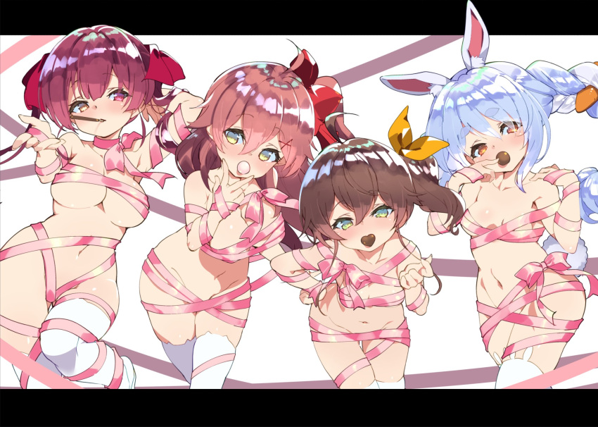 4girls ahoge animal_ears blush breasts brown_hair candy carrot_hair_ornament chocolate collarbone commentary_request drill_hair food food-themed_hair_ornament food_in_mouth fujishima-sei_ichi-gou hair_between_eyes hair_ornament heart heart-shaped_chocolate heterochromia highres hololive houshou_marine large_breasts long_hair looking_at_viewer multiple_girls naked_ribbon natsuiro_matsuri navel open_mouth pink_hair pocky pocky_in_mouth rabbit_ears ribbon sakura_miko short_hair side_ponytail simple_background small_breasts thighhighs twin_drills twintails usada_pekora virtual_youtuber x_hair_ornament