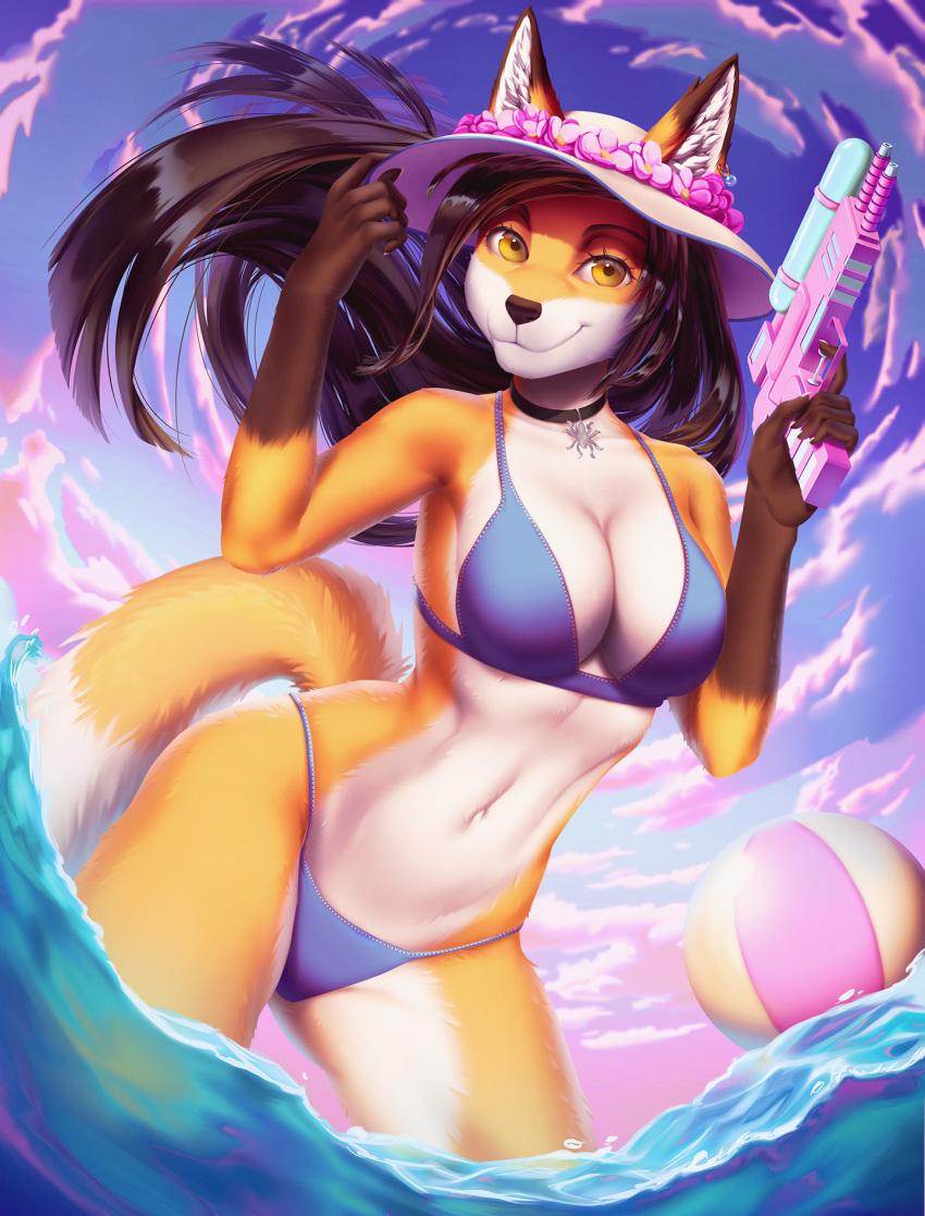 accessory anthro bikini breasts brown_hair canid canine clothing cloud detailed_background digital_drawing_(artwork) digital_media_(artwork) female flower fox fur hair hat headgear headwear hi_res holding_object inner_ear_fluff looking_at_viewer mammal multicolored_body multicolored_fur orange_body pinkerie plant seaside shaded smile solo swimwear thick_thighs toy toy_gun tuft water water_gun white_body white_fur yellow_eyes