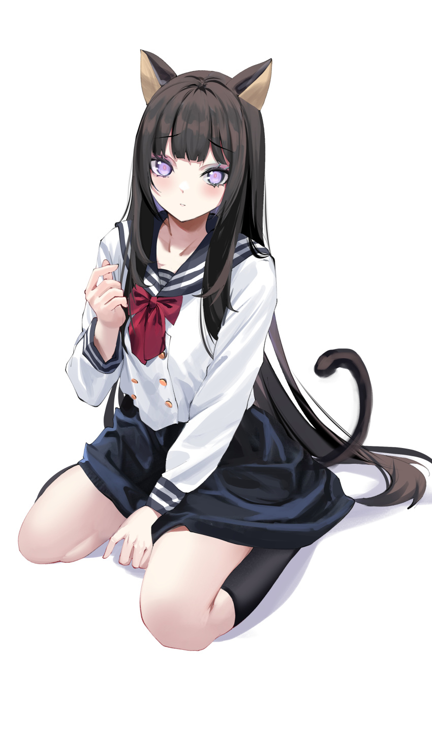 1girl absurdres animal_ears bangs between_legs black_hair black_skirt black_socks cat_ears cat_girl cat_tail closed_mouth collarbone commentary commission constricted_pupils curled_fingers dot_nose full_body hand_between_legs hand_up highres long_hair long_sleeves looking_at_viewer original purple_eyes school_uniform seiza simple_background sitting skirt socks solo spider_apple spread_legs tail very_long_hair white_background