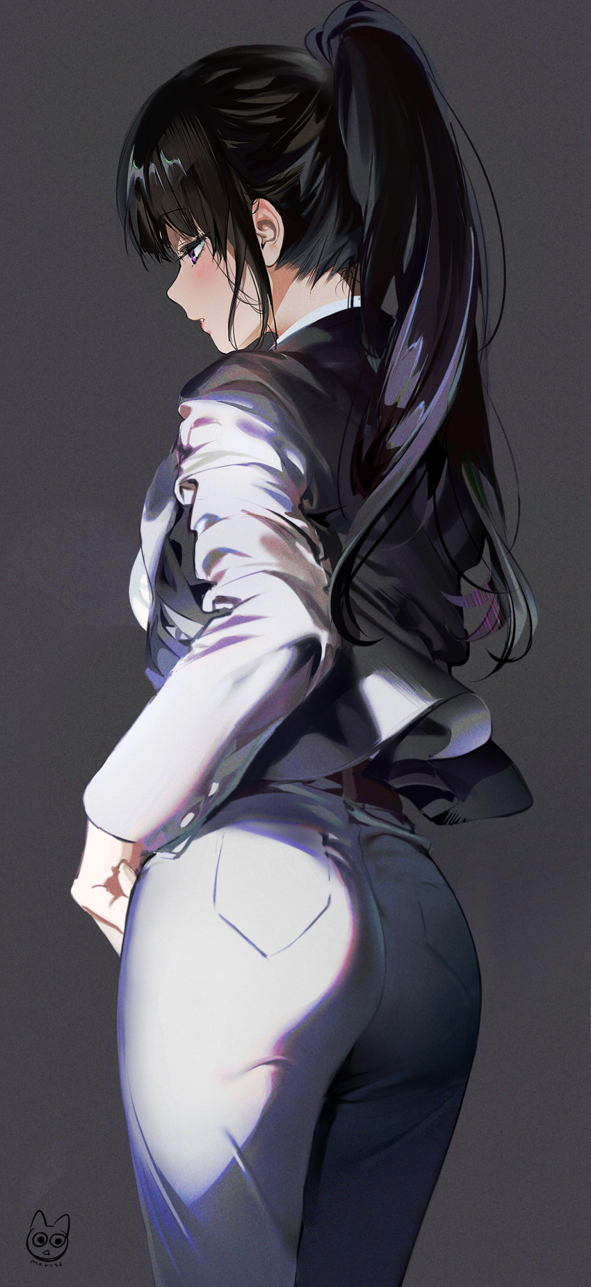 1girl absurdres alternate_hairstyle artist_logo ass back belt black_eyes black_hair blush chitanda_eru collared_shirt dark_background formal from_behind highres hyouka long_hair looking_afar mery_(yangmalgage) older pants parted_lips ponytail purple_eyes shirt solo standing suit suit_jacket