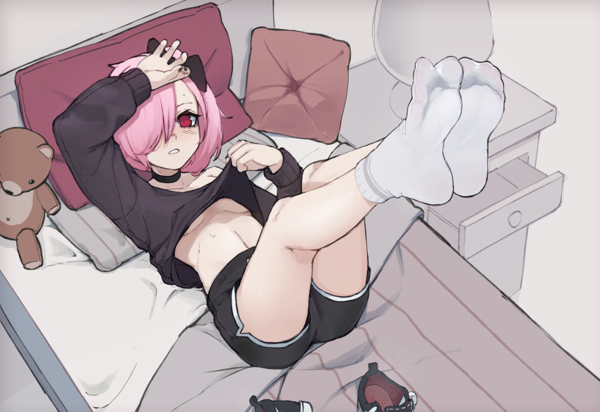 1girl arm_up bangs bed bed_sheet black_choker black_nails black_shorts blush bow breasts choker clothes_lift english_commentary feet feet_up foot_focus full_body hair_bow hair_over_one_eye hand_up highres k-rha's legs lifted_by_self lying medium_breasts medium_hair nail_polish no_shoes on_back original parted_bangs pillow pink_hair red_eyes shirt_lift shoes shoes_removed shorts smell sneakers socks soles solo stuffed_animal stuffed_toy sweatdrop teddy_bear thighs toes underboob violett_(k-rha) white_socks