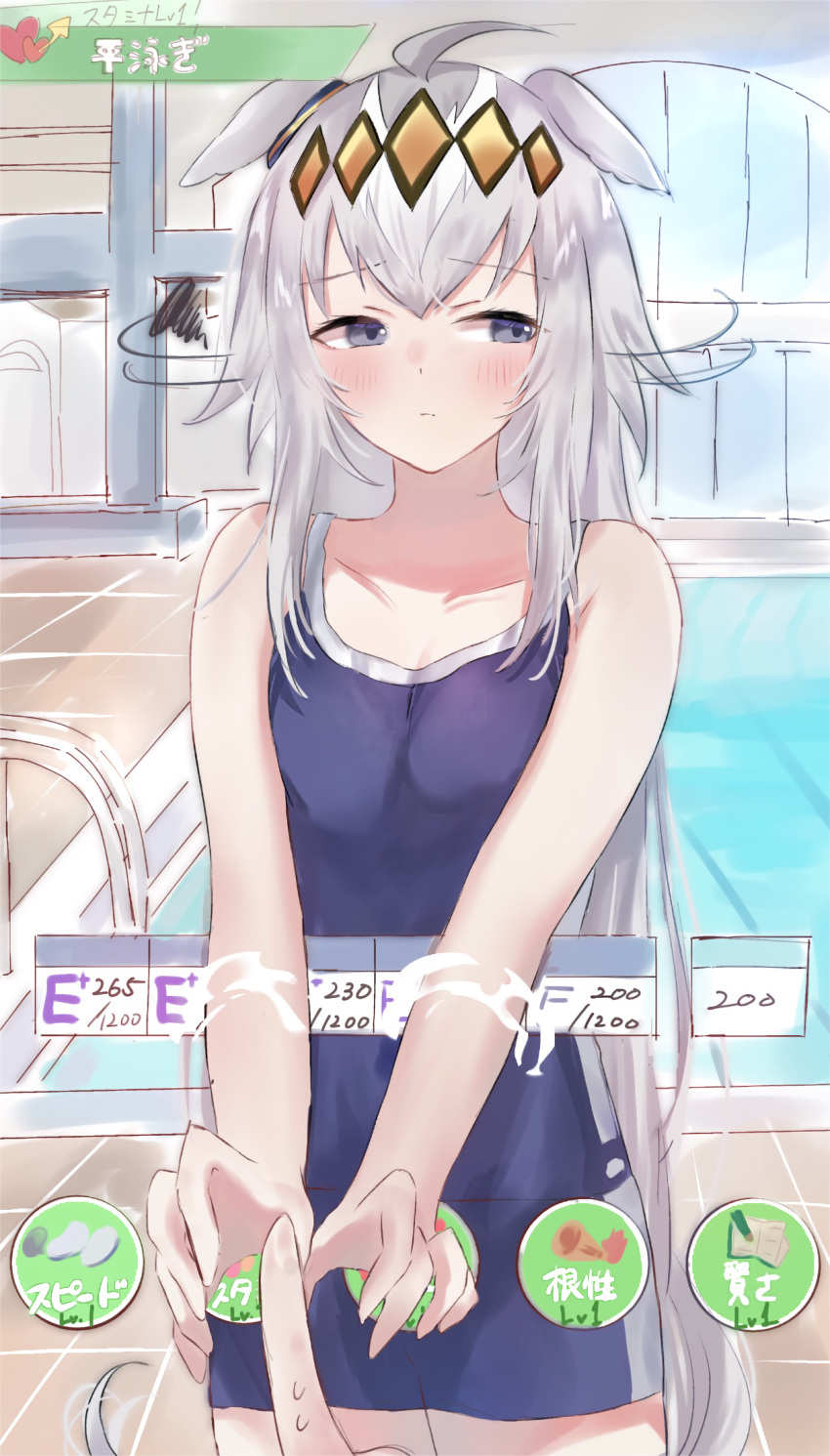1girl animal_ears bangs bare_arms bare_shoulders black_hair blue_swimsuit blush breasts closed_mouth ears_down fourth_wall gameplay_mechanics grey_eyes grey_hair ha_(hura76752775) highres horse_ears horse_girl horse_tail indoors long_hair motion_lines multicolored_hair oguri_cap_(umamusume) one-piece_swimsuit pool shaking_head small_breasts solo_focus swimsuit tail through_screen two-tone_hair umamusume very_long_hair water white_hair window