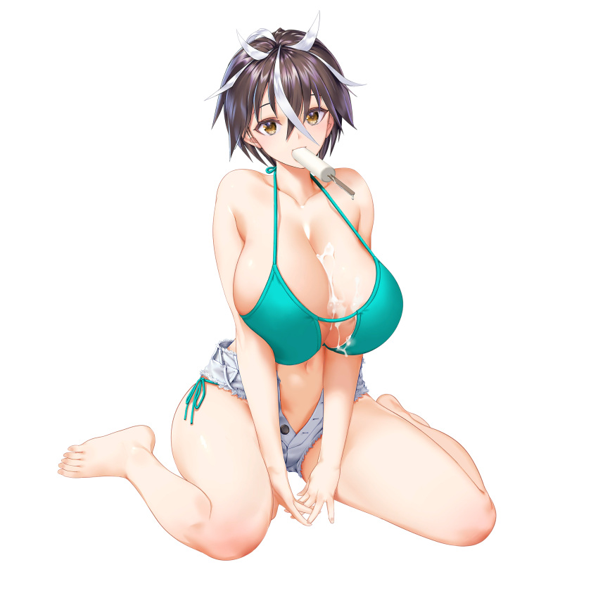 1girl bare_shoulders barefoot between_breasts bikini breast_squeeze breasts brown_hair buttons dripping eating feet food food_in_mouth galatea_(last_origin) green_bikini highres huge_breasts kuuro_kuro large_breasts last_origin looking_at_viewer multicolored_hair navel official_alternate_costume official_art popsicle popsicle_in_mouth sexually_suggestive short_hair short_shorts shorts solo streaked_hair string_bikini swimsuit transparent_background two-tone_hair white_shorts yellow_eyes