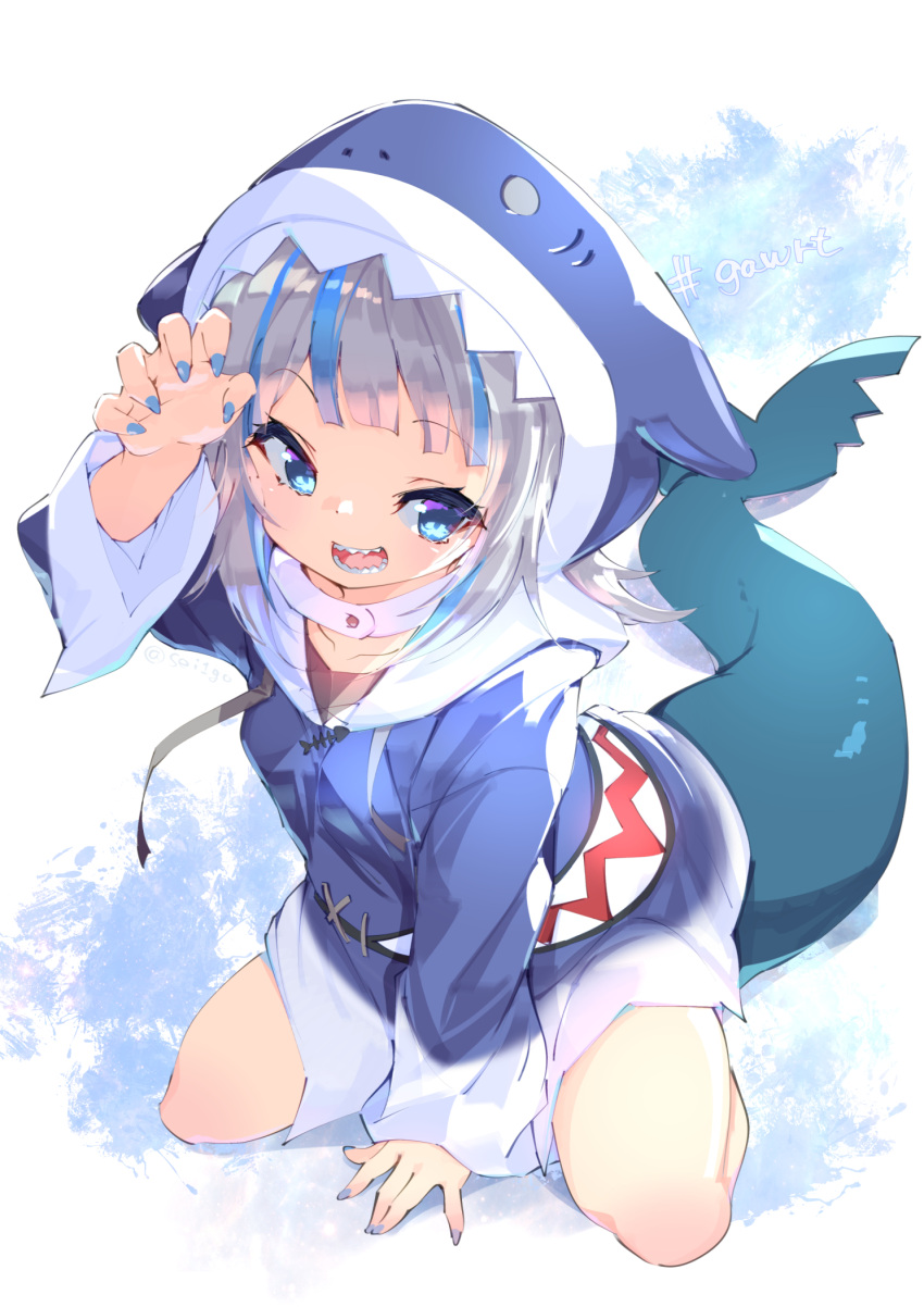 1girl :d animal_hood blue_eyes blue_hair blue_nails claw_pose commentary_request fish_tail fujishima-sei_ichi-gou full_body gawr_gura grey_hair hashtag highres hololive hololive_english hood kneeling long_sleeves looking_at_viewer multicolored_hair nail_polish shark_girl shark_hood shark_tail sharp_teeth smile solo streaked_hair tail teeth virtual_youtuber white_background