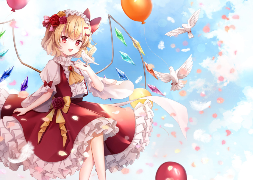 1girl :d balloon bangs bird bird_on_hand blonde_hair blue_sky bow center_frills cloud cloudy_sky commentary crystal dove feet_out_of_frame flandre_scarlet flower flying frilled_hairband frilled_skirt frills hair_bow hairband highres looking_at_viewer medium_hair mumu-crown no_headwear one_side_up open_mouth puffy_short_sleeves puffy_sleeves red_bow red_eyes red_flower red_rose red_skirt red_vest rose shirt shirt_bow short_sleeves skirt skirt_hold sky smile solo touhou vest white_shirt wide_sleeves wings yellow_bow yellow_flower yellow_rose