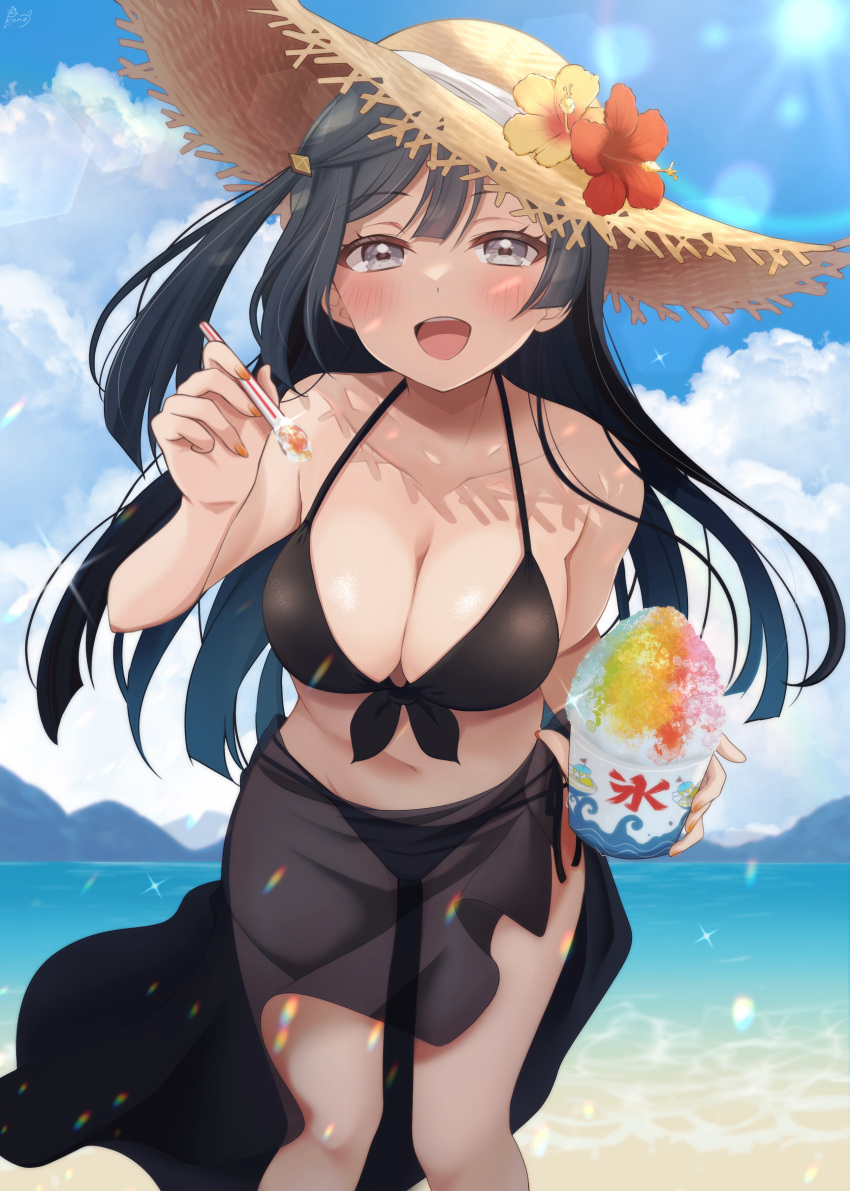 1girl :d absurdres beach bikini black_bikini black_hair black_sarong blue_sky blush bowl breasts cleavage cloud collarbone cup day disposable_cup dot_nose flower food glint grey_eyes hat hat_flower highres holding holding_bowl holding_cup holding_food incoming_food leaning_forward long_hair love_live! love_live!_nijigasaki_high_school_idol_club mountain navel ocean one_side_up open_mouth outdoors pukonuu sand sarong see-through_sarong shaved_ice sky smile solo spoon_straw straw_hat sun_hat sunlight swimsuit water yuuki_setsuna_(love_live!)