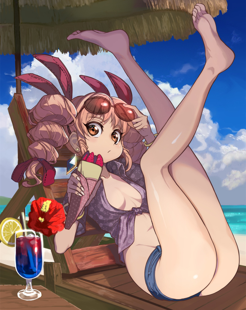 1girl alternate_costume ass bare_legs barefoot bow breasts cleavage cloud cloudy_sky drill_hair eyewear_on_head feet hat hat_bow highres light_brown_hair ribbon round_eyewear shirt shope shorts sky small_breasts solo sunglasses tied_shirt top_hat touhou twin_drills yorigami_jo'on