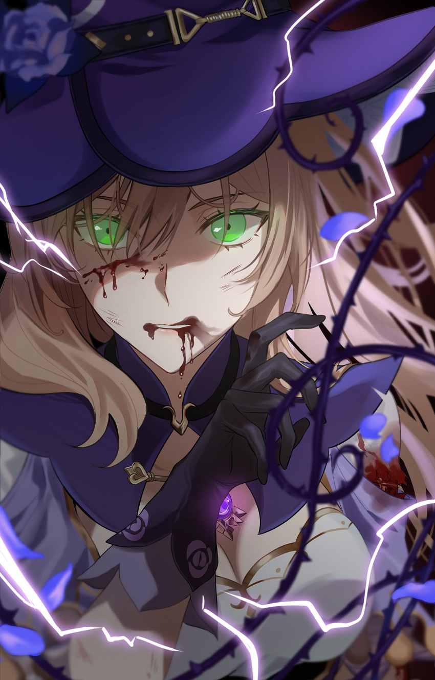 1girl absurdres bangs black_gloves blood blood_from_mouth blood_on_face breasts brown_hair cleavage dress flower genshin_impact gloves green_eyes hair_between_eyes hair_flower hair_ornament hat hat_belt hat_flower highres large_breasts lightning lisa_(genshin_impact) long_hair looking_at_viewer low_tied_hair multicolored_clothes multicolored_dress purple_flower purple_headwear purple_rose rose vision_(genshin_impact) witch witch_hat yamabuki0211