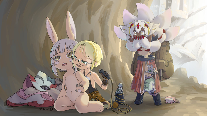 1boy 1other 2girls absurdres animal_ears backpack bag blonde_hair brown_hair cave cheek-to-cheek claws cloak clothes_removed completely_nude covering_another's_eyes covering_mouth electric_razor extra_arms extra_tails faputa furry glasses green_eyes grey_hair hand_on_another's_waist heads_together highres horizontal_pupils looking_at_another m_kyo made_in_abyss mechanical_arms meinya_(made_in_abyss) monster_girl multiple_girls nanachi_(made_in_abyss) navel nude rabbit_ears regu_(made_in_abyss) riko_(made_in_abyss) short_hair sitting sitting_on_head sitting_on_person stomach whiskers white_hair yellow_eyes
