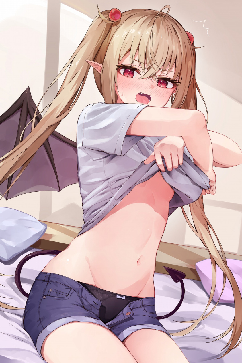 1girl ^^^ ahoge bangs bed_sheet black_panties blue_shorts blush bow bow_panties breasts brown_hair clothes_lift commentary_request demon_girl demon_tail demon_wings fang groin hair_between_eyes highres lifted_by_self long_hair looking_at_viewer navel nose_blush open_clothes open_fly open_mouth open_shorts original panties pillow pointy_ears purple_wings racchi. red_eyes shirt shirt_lift short_shorts short_sleeves shorts small_breasts solo tail twintails underboob underwear undressing very_long_hair white_shirt wings