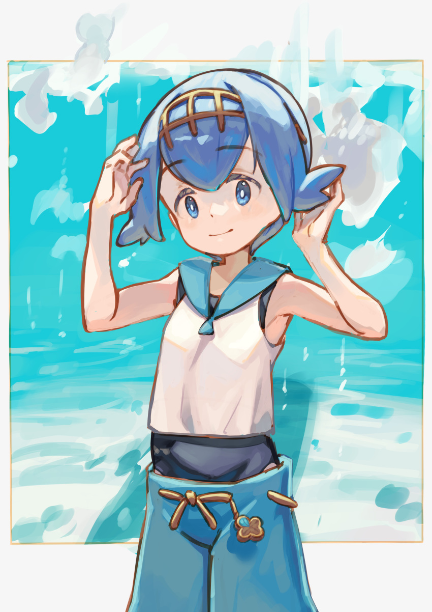 1girl absurdres adjusting_hair arms_up bangs black_swimsuit blue_background blue_hair blue_pants blue_sailor_collar blush bob_cut border bubble closed_mouth commentary cowboy_shot driftingtiger english_commentary flat_chest grey_border hairband happy highres lana_(pokemon) light_blush looking_at_viewer one-piece_swimsuit outside_border pants pokemon pokemon_(game) pokemon_sm sailor_collar shirt short_hair sidelocks sleeveless sleeveless_shirt smile solo standing swimsuit swimsuit_under_clothes white_shirt yellow_hairband