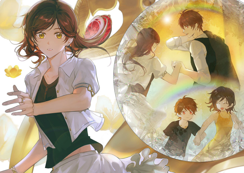 1boy 1girl bangs black_shirt black_vest brown_eyes brown_hair bubble closed_eyes closed_mouth dress green_eyes highres jacket laoyepo long_hair looking_at_viewer luke_pearce_(tears_of_themis) open_mouth rosa_(tears_of_themis) shirt short_hair short_sleeves smile tears_of_themis vest white_jacket yellow_dress younger