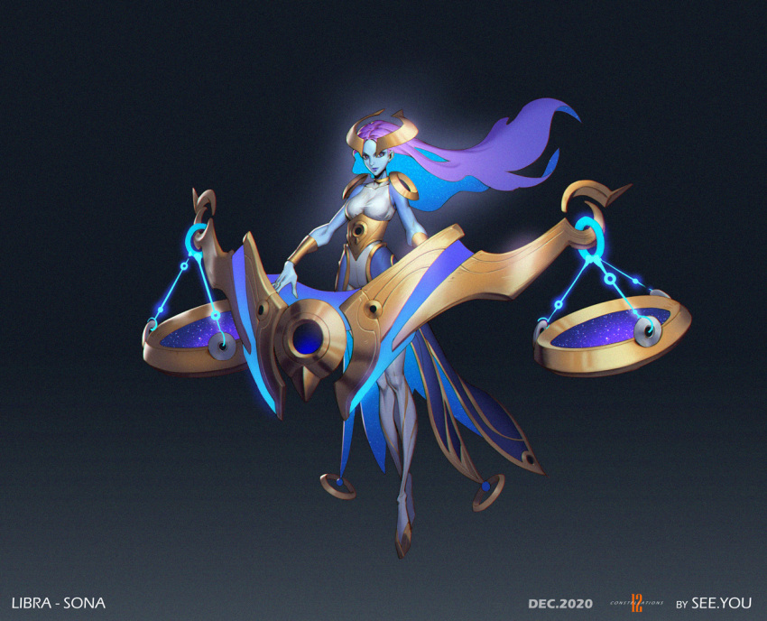 1girl alternate_costume alternate_hair_color armor artist_name bangs black_background blue_skin character_name colored_skin gradient gradient_background grey_background grey_leotard grey_skin hooves league_of_legends leotard libra long_hair looking_at_viewer multicolored_hair pink_hair see_you shoulder_armor solo sona_(league_of_legends) space_print starry_sky_print weighing_scale