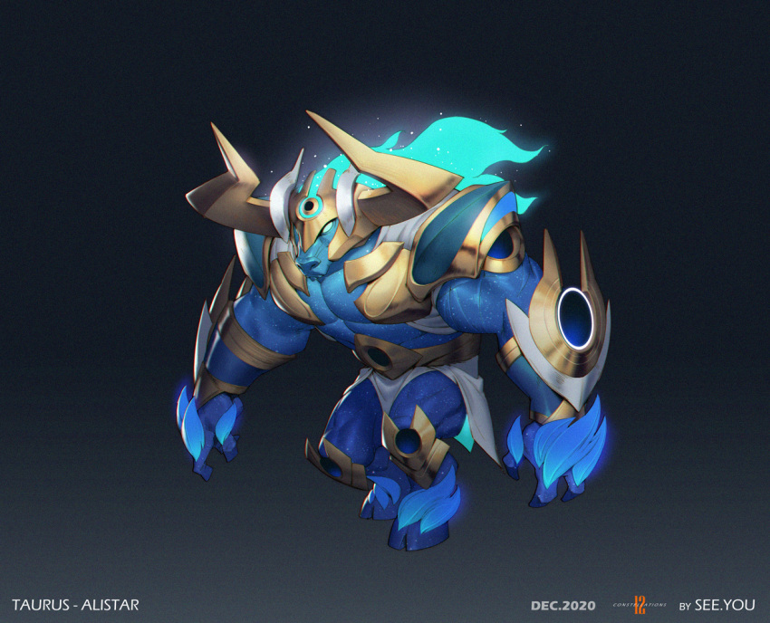1boy abs alistar_(league_of_legends) alternate_costume armor artist_name black_background blue_skin character_name colored_skin full_body furry furry_male gradient gradient_background green_hair grey_background helmet hooves horns league_of_legends long_hair male_focus minotaur no_pupils see_you solo space_print standing starry_sky_print taurus white_eyes