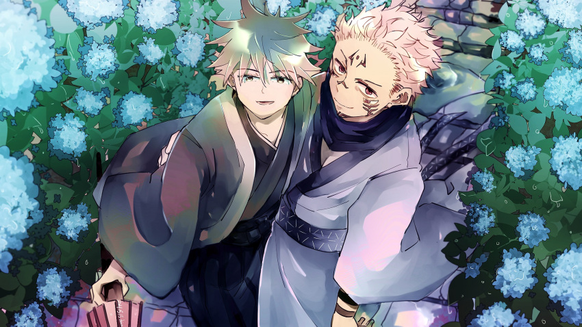 2boys arm_tattoo bangs black_hair black_kimono blue_flower closed_mouth commentary_request extra_eyes facial_tattoo flower fushiguro_megumi highres ico_oekaki japanese_clothes jujutsu_kaisen kimono long_sleeves looking_at_viewer male_focus multiple_boys outdoors pink_hair ryoumen_sukuna_(jujutsu_kaisen) short_hair smile spiked_hair tattoo white_kimono wide_sleeves younger