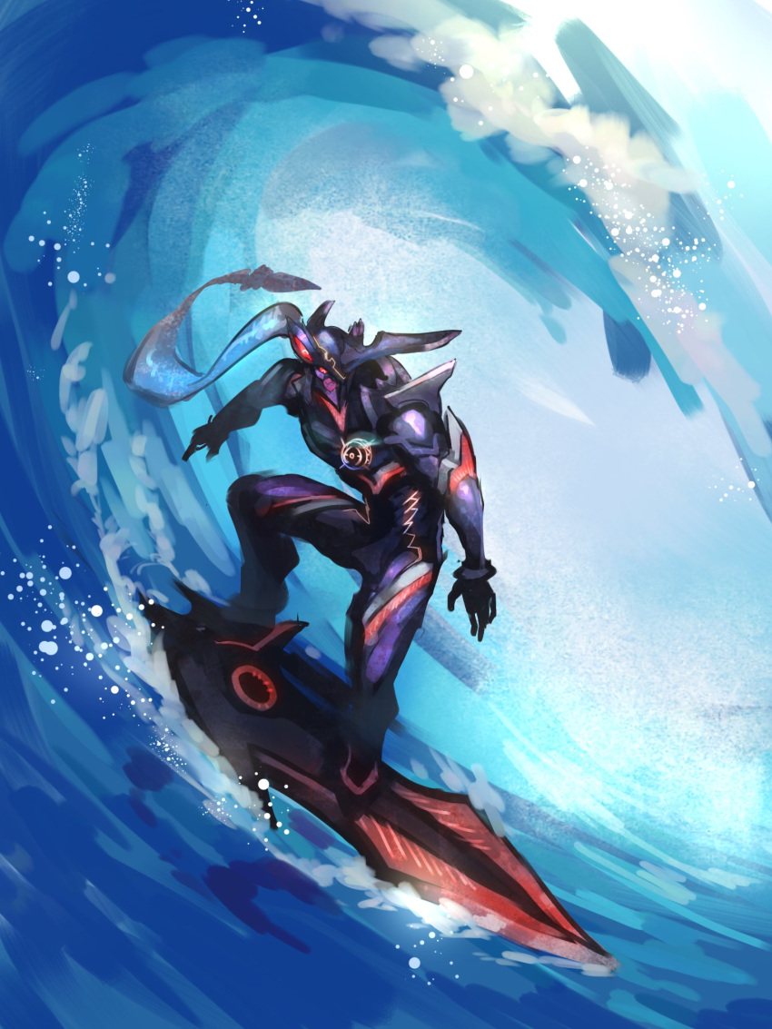 highres horns mutomorokoshi no_humans ocean ouroboros_(xenoblade) single_horn surfing sword sword_surfing water waves weapon xenoblade_chronicles_(series) xenoblade_chronicles_3