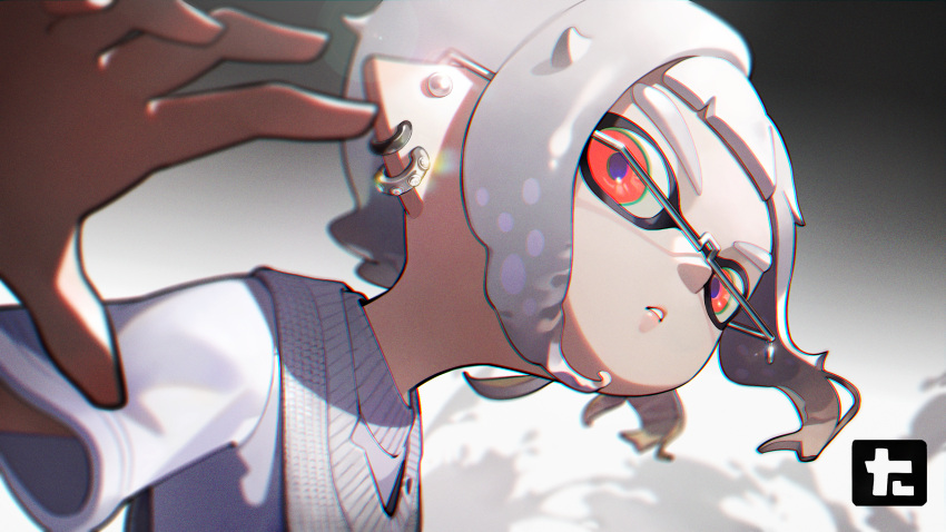 1girl ayakii earrings glasses highres inkling inkling_girl jewelry looking_at_viewer multiple_earrings necklace open_mouth pointy_ears red_eyes shirt splatoon_(series) splatoon_2 splatoon_3 squid toni_kensa_(splatoon) white_hair white_shirt