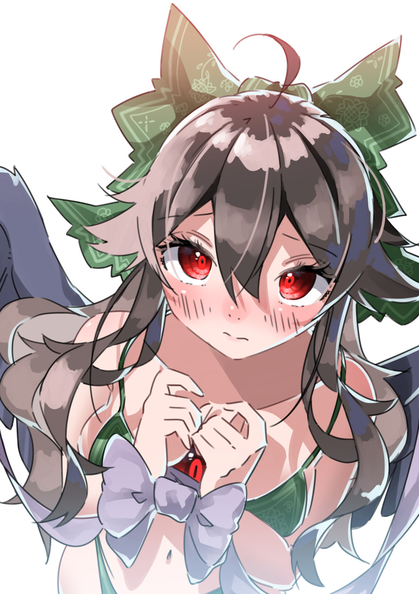 1girl absurdres ahoge bangs bikini bird_wings black_wings blush bow breast_squeeze breasts brown_hair closed_mouth commentary_request green_bikini green_bow hair_between_eyes hair_bow highres large_breasts long_hair looking_at_viewer navel ninniku_(mfu7324) purple_bow red_eyes reiuji_utsuho simple_background solo swimsuit third_eye touhou upper_body white_background wings