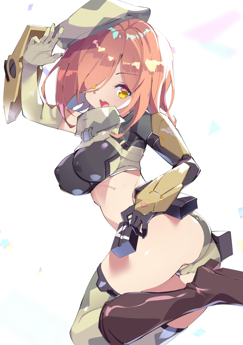 1girl :d absurdres ass beret boots breasts brown_footwear commentary_request commission covered_nipples elbow_gloves from_behind fujishima-sei_ichi-gou gloves hair_over_one_eye hat highres knee_boots large_breasts looking_at_viewer looking_back military orange_hair original single_elbow_glove skeb_commission smile solo thighhighs yellow_eyes