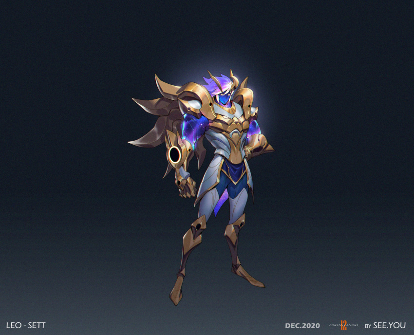 1boy alternate_costume armor armored_boots artist_name black_background blue_skin boots breastplate clenched_hand closed_mouth colored_skin full_body gauntlets gradient gradient_background grey_background grey_thighhighs hand_on_hip horns knee_boots league_of_legends leo male_focus purple_hair see_you sett_(league_of_legends) short_hair shoulder_armor solo space_print standing starry_sky_print thighhighs white_hair