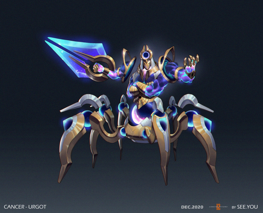 1boy alternate_costume armor artist_name black_background blue_skin cancer character_name colored_skin crossed_arms disembodied_limb extra_arms extra_legs facing_viewer full_body grey_background helmet holding holding_weapon league_of_legends see_you solo space_print standing starry_sky_print urgot weapon weapon_request