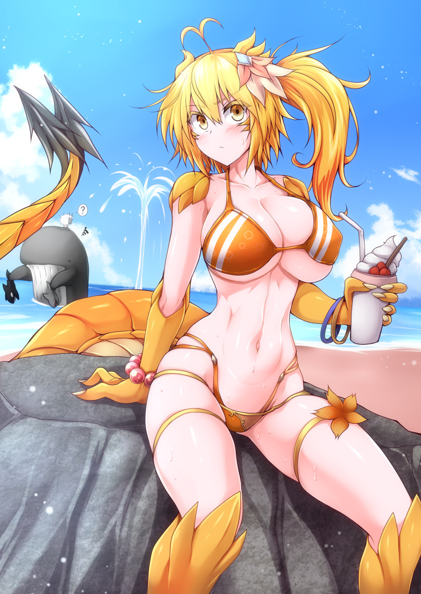 1girl ? antenna_hair arm_support bangs bare_shoulders bead_bracelet beads bikini blonde_hair bracelet breasts commentary_request cup drinking_straw feet_out_of_frame g_(genesis1556) hair_between_eyes hair_ornament highres holding holding_cup jewelry large_breasts long_hair multi-strapped_bikini navel orange_bikini original ponytail rock sitting solo spoken_question_mark stomach swimsuit tail thigh_strap thighs whale yellow_eyes