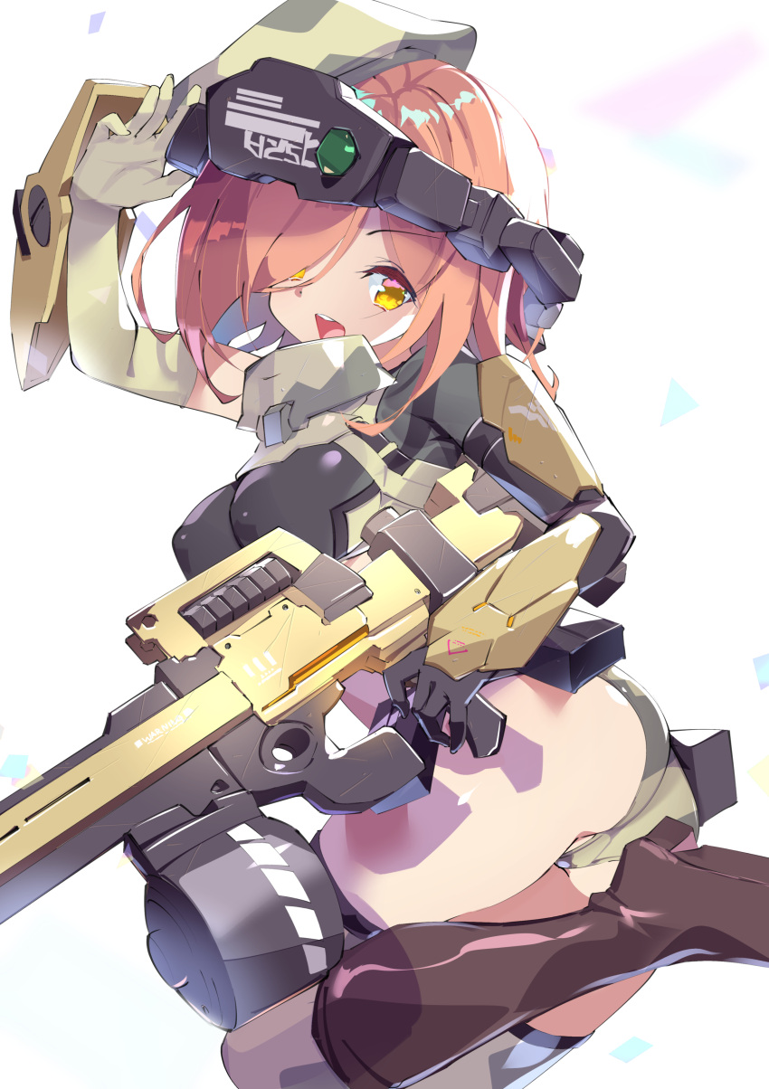 1girl :d absurdres ass beret boots breasts brown_footwear commentary_request commission covered_nipples elbow_gloves from_behind fujishima-sei_ichi-gou gloves gun hair_over_one_eye hat head-mounted_display highres knee_boots large_breasts looking_at_viewer looking_back military orange_hair original single_elbow_glove skeb_commission smile solo thighhighs weapon yellow_eyes