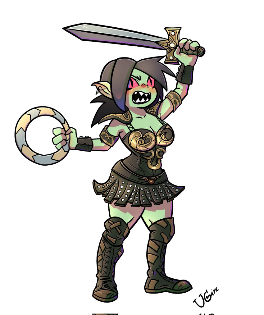 armor black_hair boots bracers breasts chakram clothed clothing crossover digital_media_(artwork) ear_piercing female footwear gobbo_(kooni) goblin green_body green_skin hair hi_res holding_object holding_weapon humanoid humanoid_pointy_ears leather leather_armor legwear mammal melee_weapon not_furry open_mouth piercing pupils ranged_weapon sharp_teeth simple_background slit_pupils solo standing sword teeth thigh_boots thigh_highs valegor weapon xena xena_warrior_princess