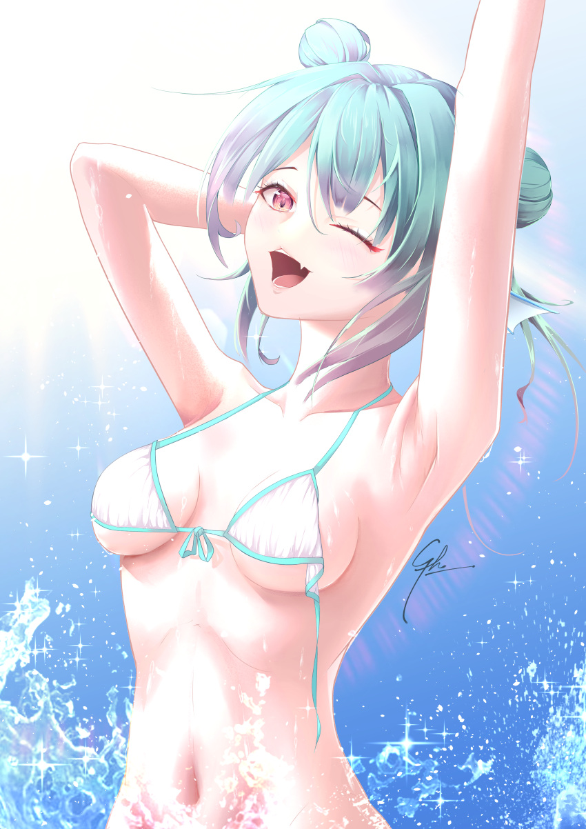 1girl ;d absurdres armpits arms_up bikini blue_hair blue_ribbon breasts character_request cleavage double_bun fang front-tie_bikini front-tie_top hair_bun halterneck highres medium_hair nijisanji nijisanji_en one_eye_closed pink_eyes ribbon sideboob signature skin_fang smile solo sparkle swimsuit syxh underboob untied untied_bikini upper_body virtual_youtuber white_bikini