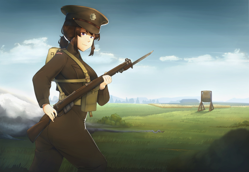 1girl absurdres backpack bag blue_eyes british british_army brown_hair gun hat hermann highres lee-enfield load_bearing_equipment looking_at_viewer military military_uniform peaked_cap rifle uniform weapon world_war_ii