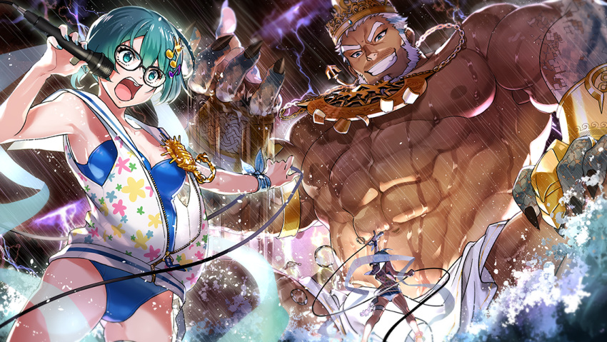 1boy 1girl abs aegir_(housamo) ahoge anchor_earrings aqua_hair bangle beard benten_(housamo) black-framed_eyewear blue_eyes blue_swimsuit bracelet brooch commentary_request crown dark-skinned_male dark_skin earrings facial_hair fish_boy floral_print green_hair grin hair_ornament hand_up jewelry karipaku large_pectorals loincloth low_ponytail mature_male microphone multicolored_hair multiple_views muscular muscular_male music musical_note musical_note_hair_ornament necklace nipples official_art one-piece_swimsuit open_mouth partial_commentary partially_unzipped pectorals rain short_hair singing single_earring size_difference smile streaked_hair swimsuit thick_eyebrows third-party_source thunder tokyo_afterschool_summoners topless_male water waves white_hair white_loincloth